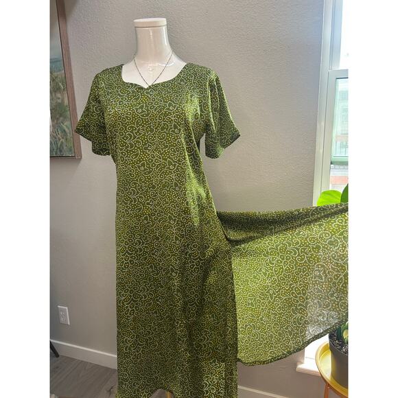 Green Boho Midi Dress Short Sleeve Fit & Flare Sundress Retro Print - Size S/M - Picture 5 of 8